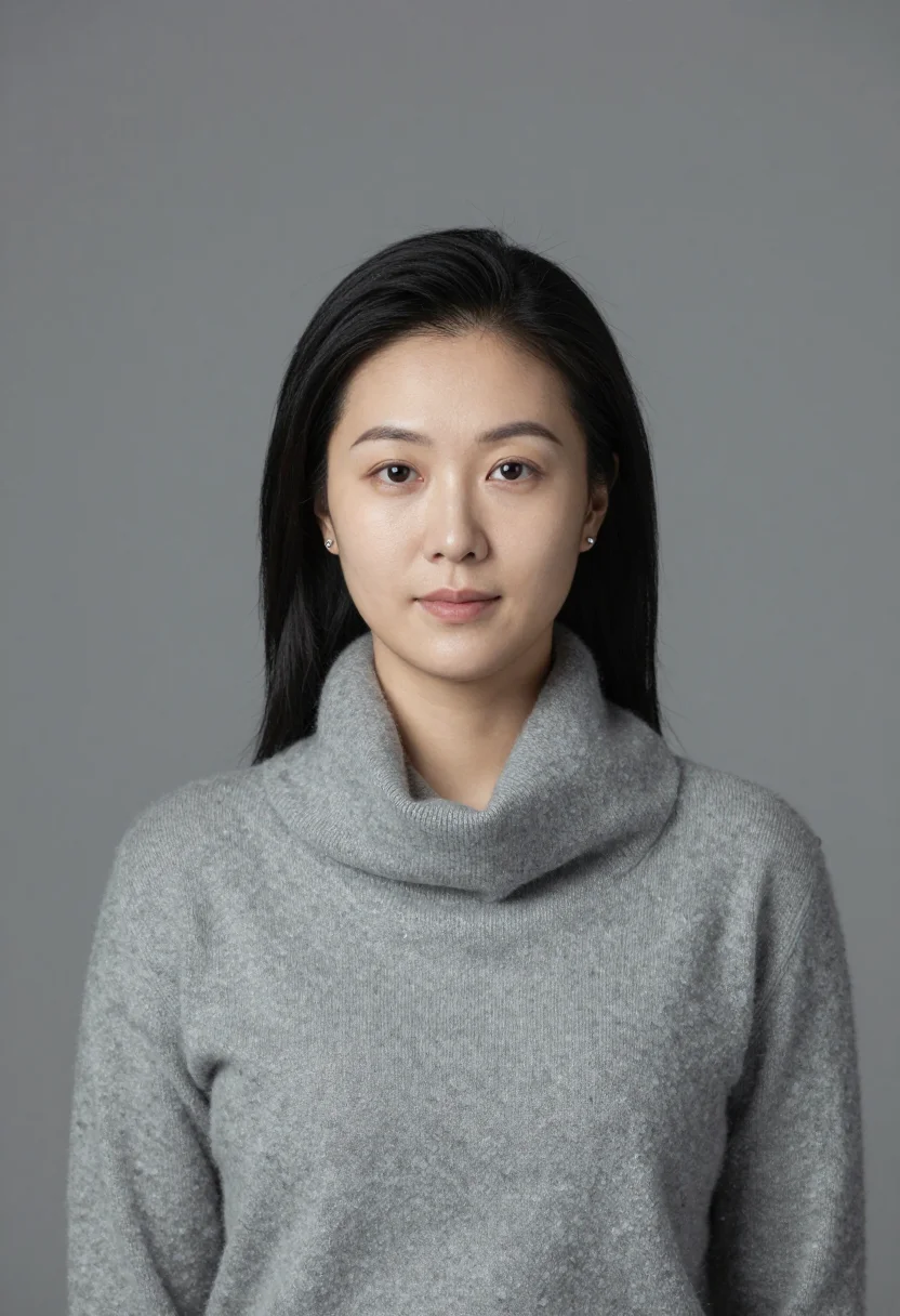 AI dove grey cashmere headshot sample — portrait of a woman, chest-up portrait of an East-Asian woma