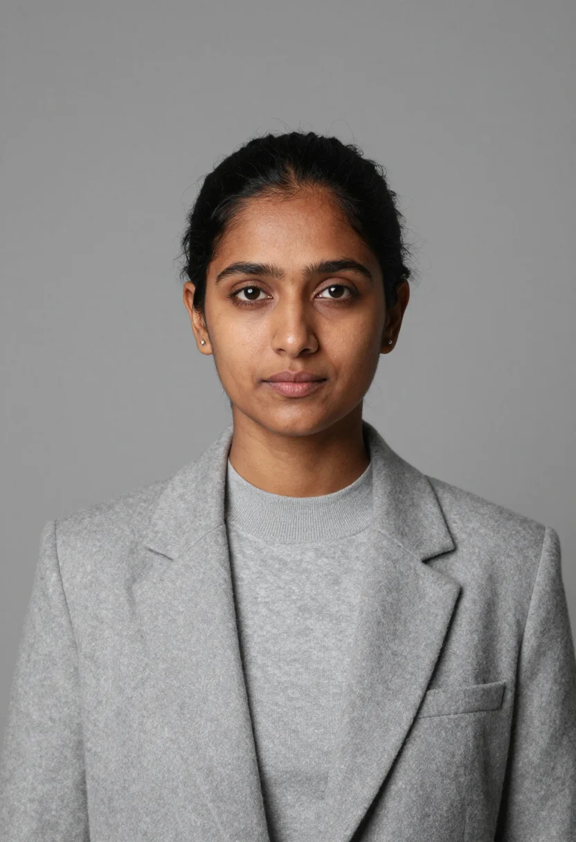 AI dove grey cashmere headshot sample — portrait of a woman, head-and-shoulders portrait of a South-