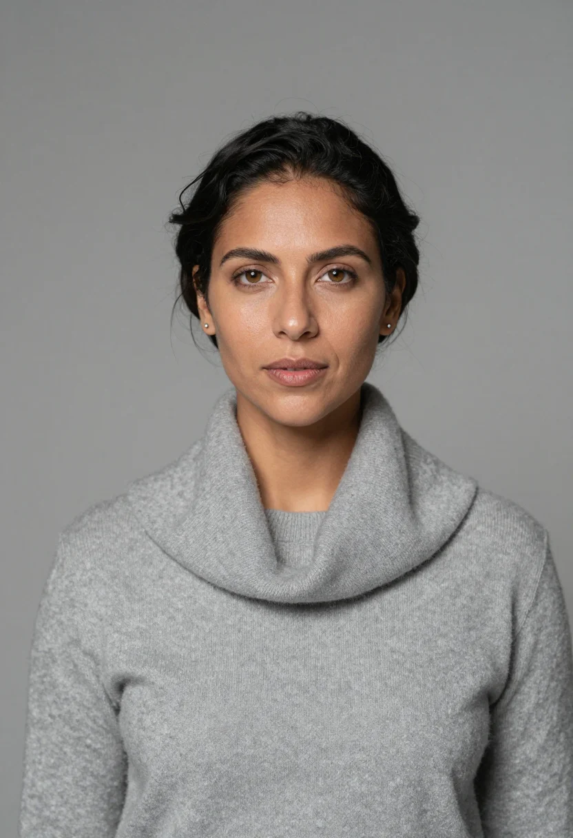 AI dove grey cashmere headshot sample — portrait of a woman, close headshot of a Latin-American woma