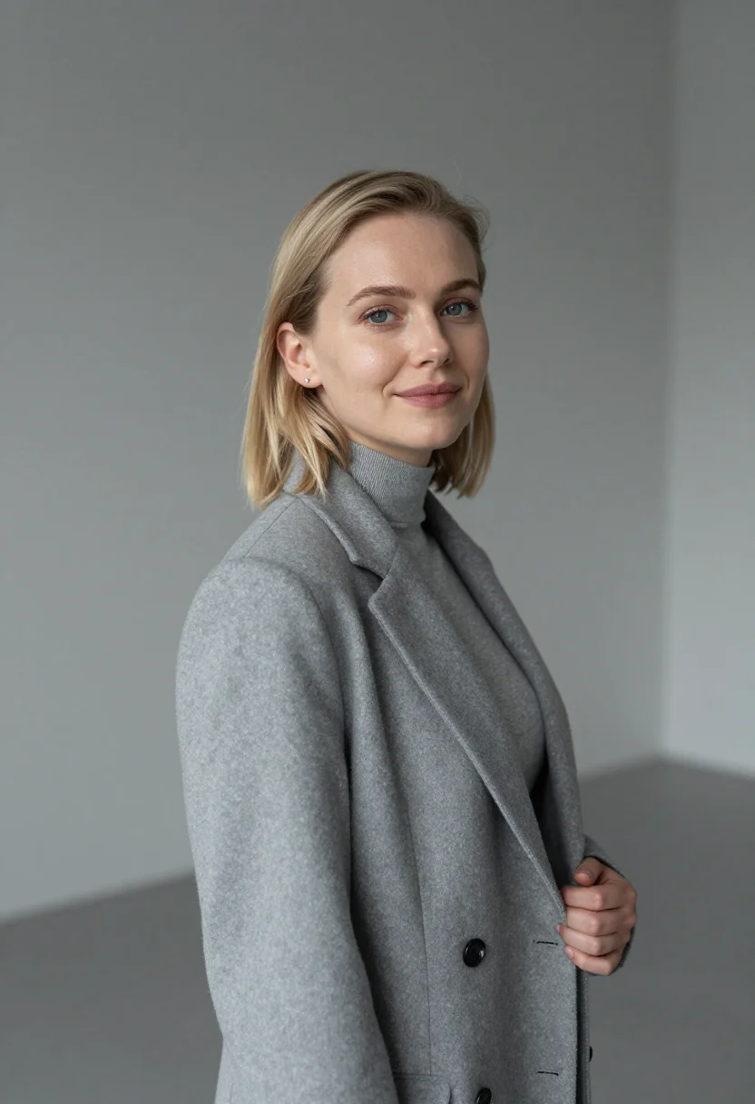 AI dove grey cashmere headshot sample — portrait of a woman, chest-up three-quarter portrait of a No