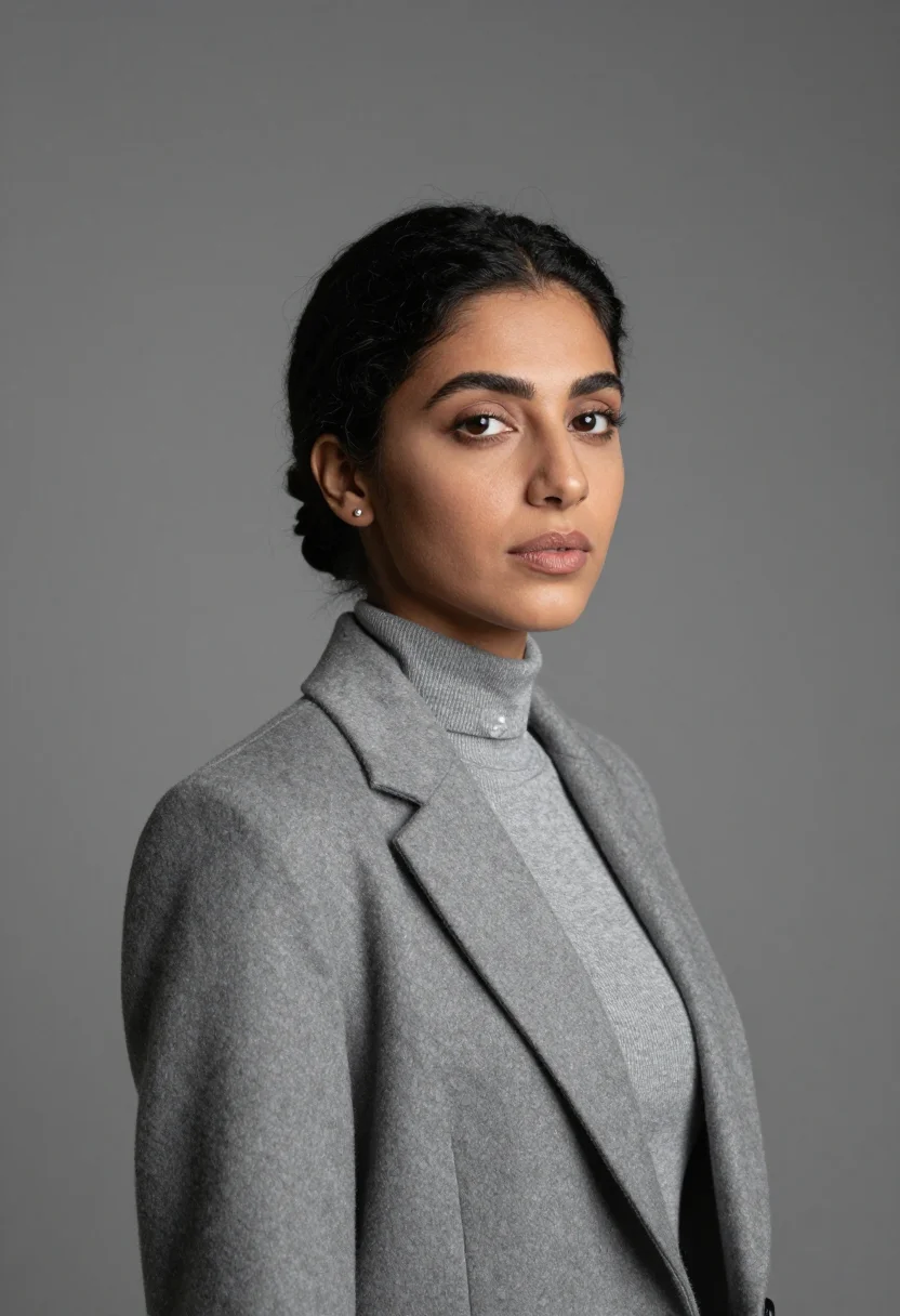 AI dove grey cashmere headshot sample — portrait of a woman, head-and-shoulders three-quarter portra