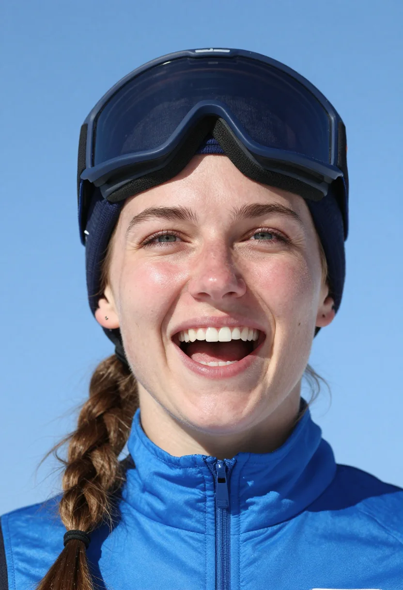 AI downhill racer blue sample — portrait of a woman, framed tight on the head and the top of