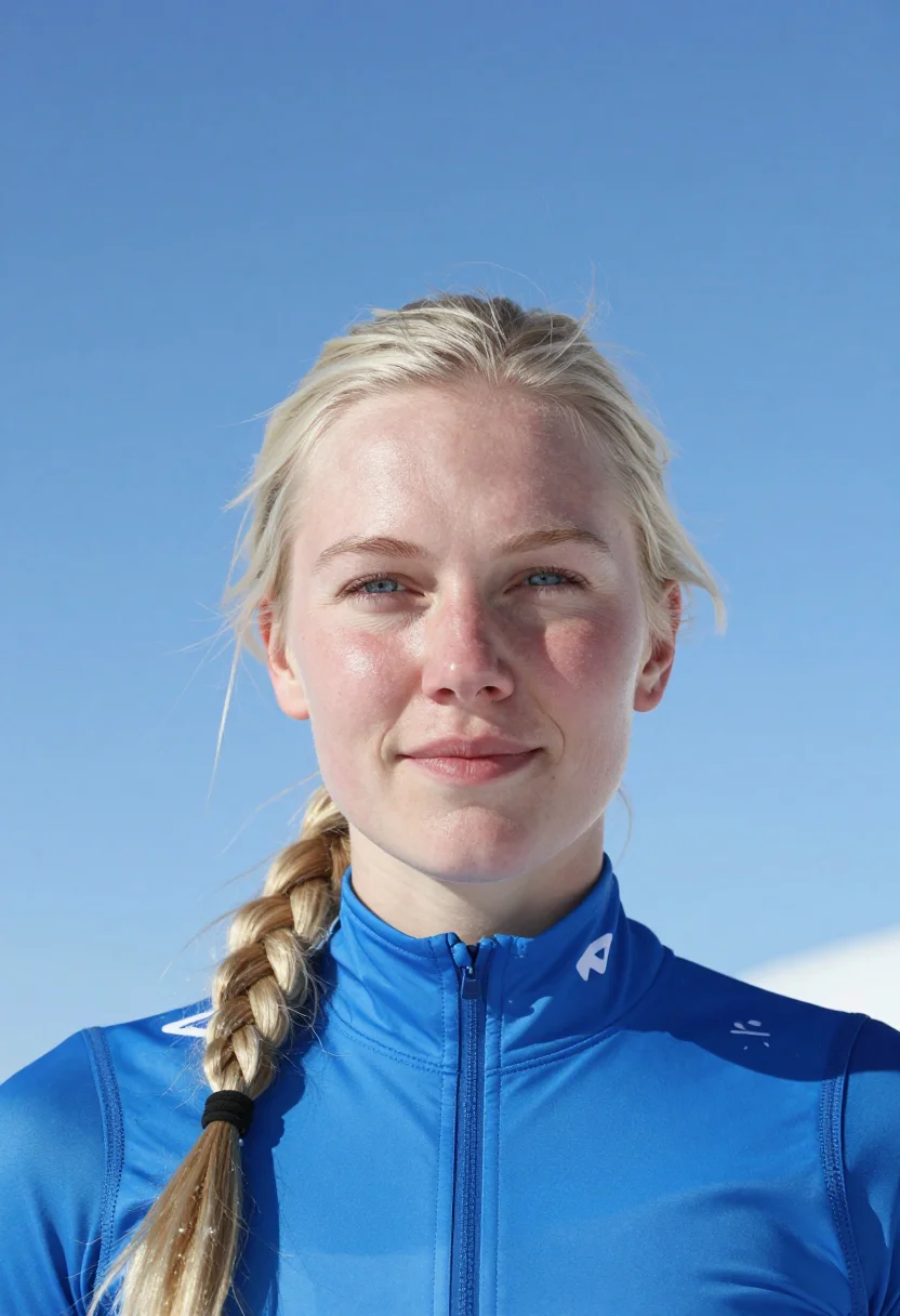 AI downhill racer blue sample — portrait of a woman, framed head and shoulders, the body clo