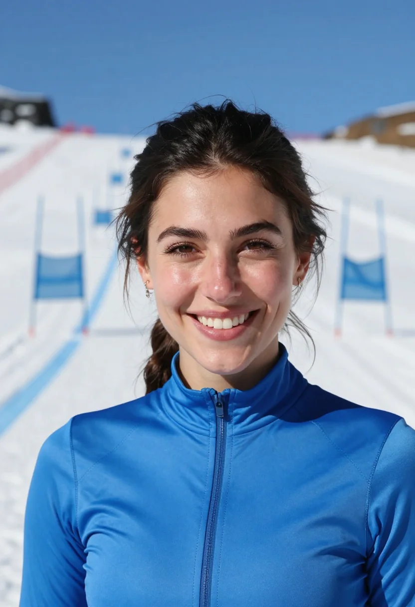 AI downhill racer blue sample — portrait of a woman, framed tight on the head and the top of