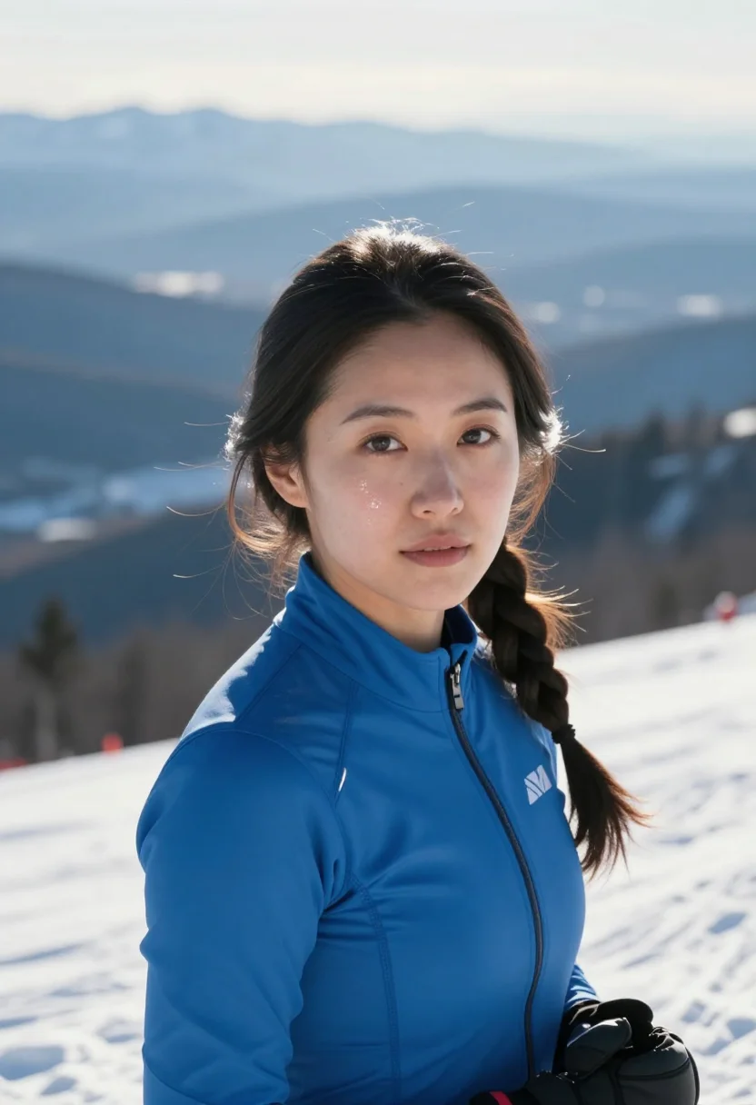 AI downhill racer blue sample — portrait of a woman, framed head and shoulders, the body clo