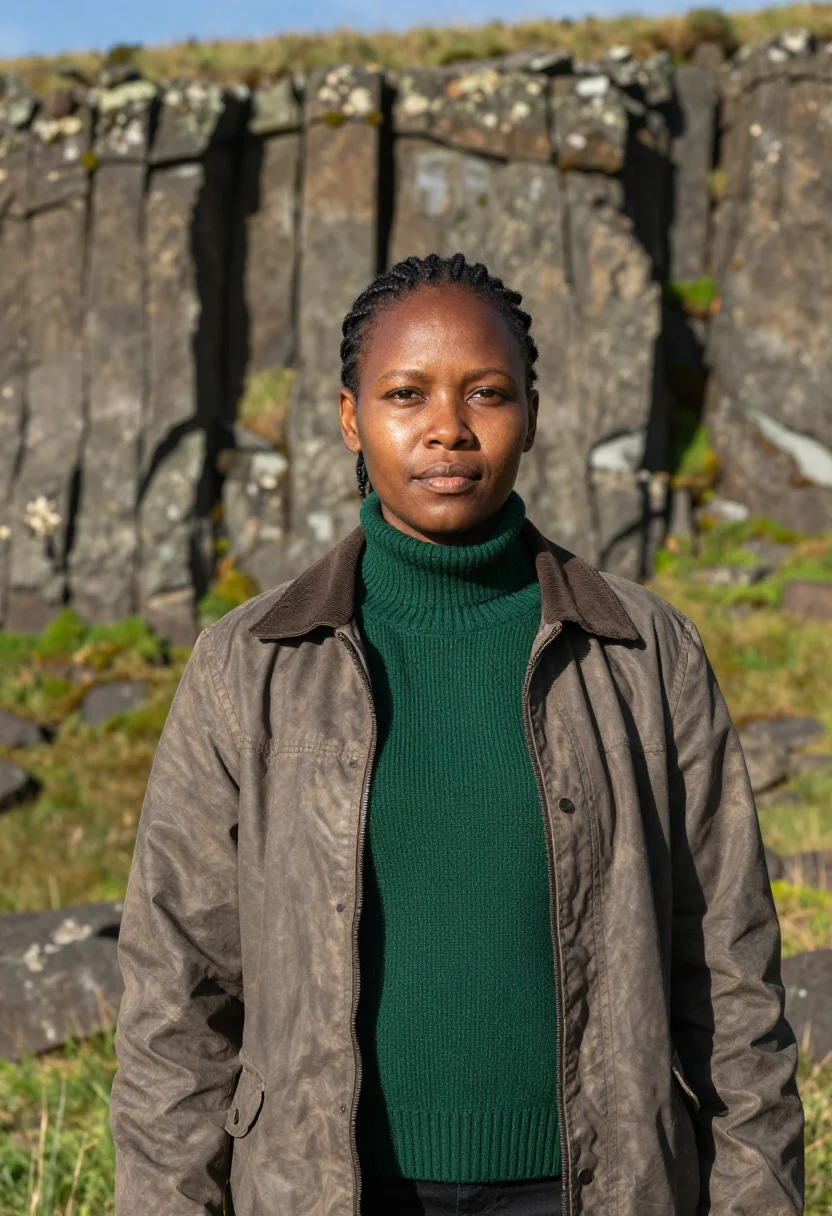 AI drakensberg ecologist amphitheatre basalt green sample — portrait of a woman, a Zulu ecologist in her mid-forties wit