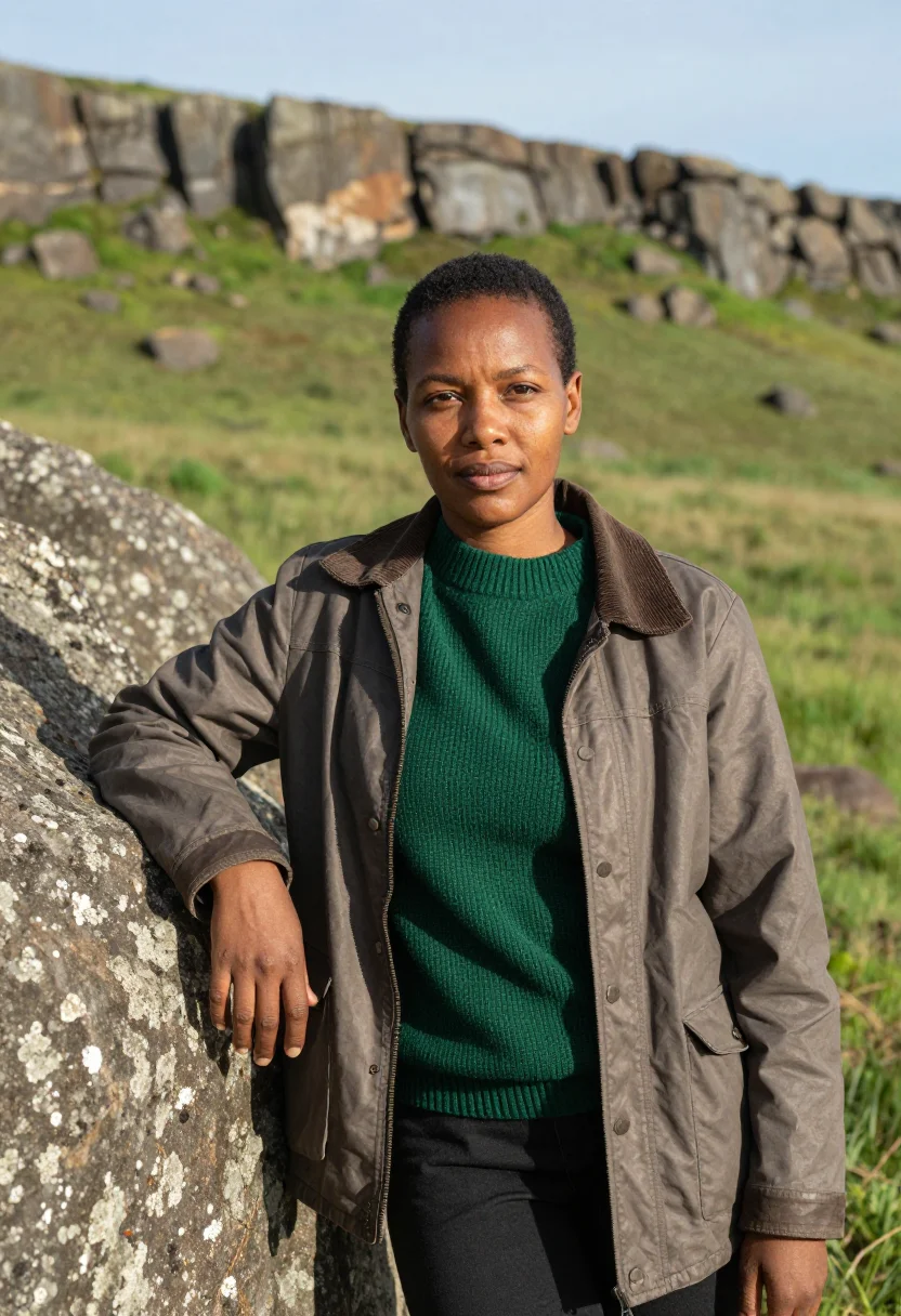 AI drakensberg ecologist amphitheatre basalt green sample — portrait of a woman, a Xhosa ecologist in her early forties