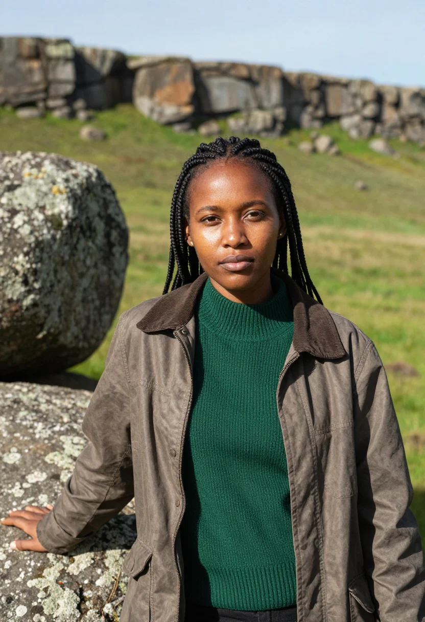 AI drakensberg ecologist amphitheatre basalt green sample — portrait of a woman, a Basotho ecologist in her late twentie