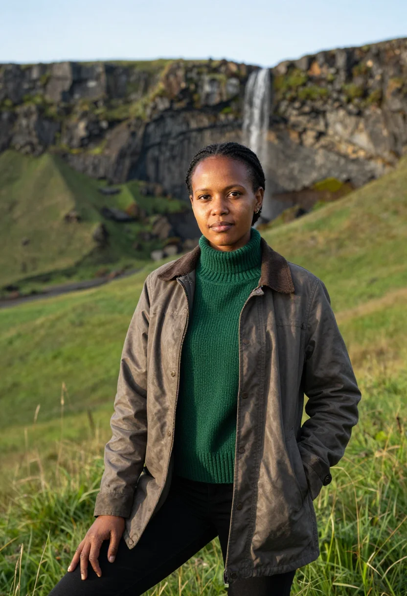 AI drakensberg ecologist amphitheatre basalt green sample — portrait of a woman, a Basotho ecologist in her mid-thirties