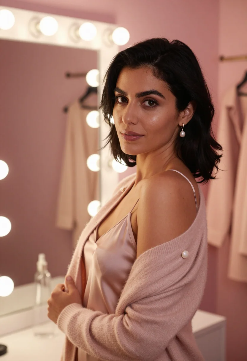 AI dressing room blush sample — portrait of a woman, framed chest-up, cropped at the ribs, t