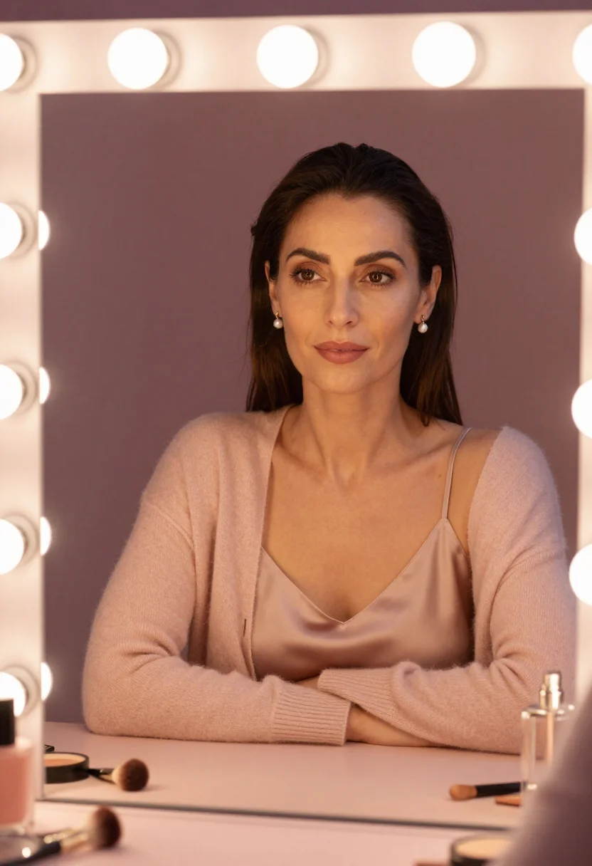 AI dressing room blush sample — portrait of a woman, framed tight, head and shoulders, the b