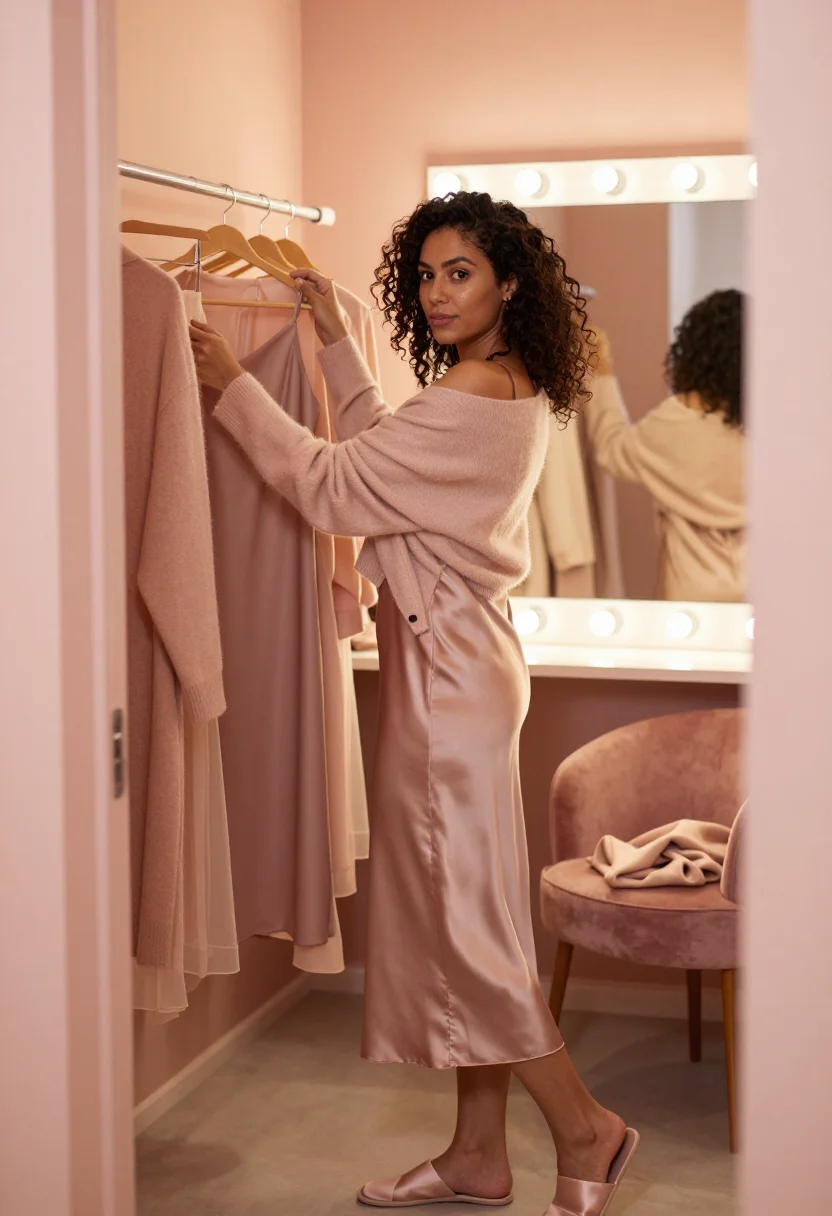 AI dressing room blush sample — portrait of a woman, framed chest-up, cropped at the ribs, t
