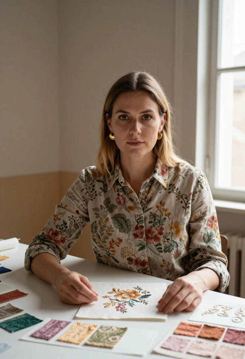 AI dries van noten sample — portrait of a woman, chest-up portrait of a Western-European