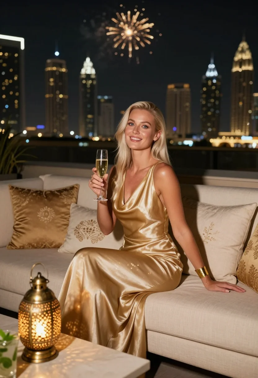 AI dubai burj nye sample — portrait of a woman, seated three-quarter-length portrait of