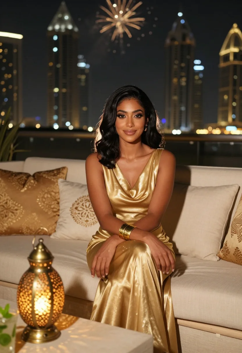 AI dubai burj nye sample — portrait of a woman, seated half-length frontal portrait of