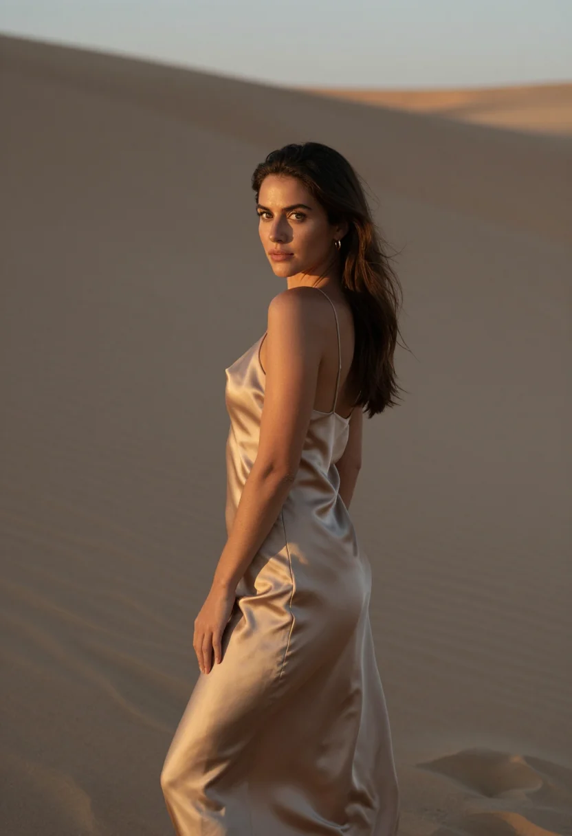 AI dubai dunes sunset sand sample — portrait of a woman, framed chest-up to the ribs, the body c