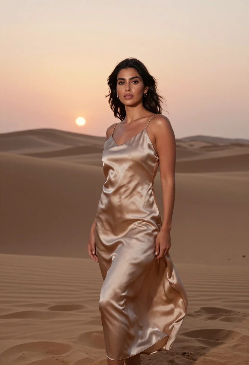 AI dubai dunes sunset sand sample — portrait of a woman, framed three-quarter length from the kn