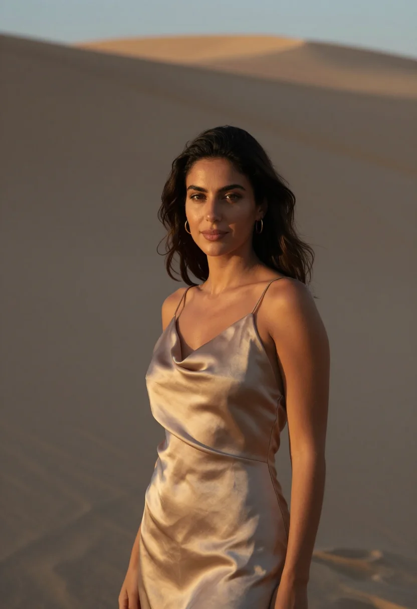 AI dubai dunes sunset sand sample — portrait of a woman, framed tight, head and shoulders, the b