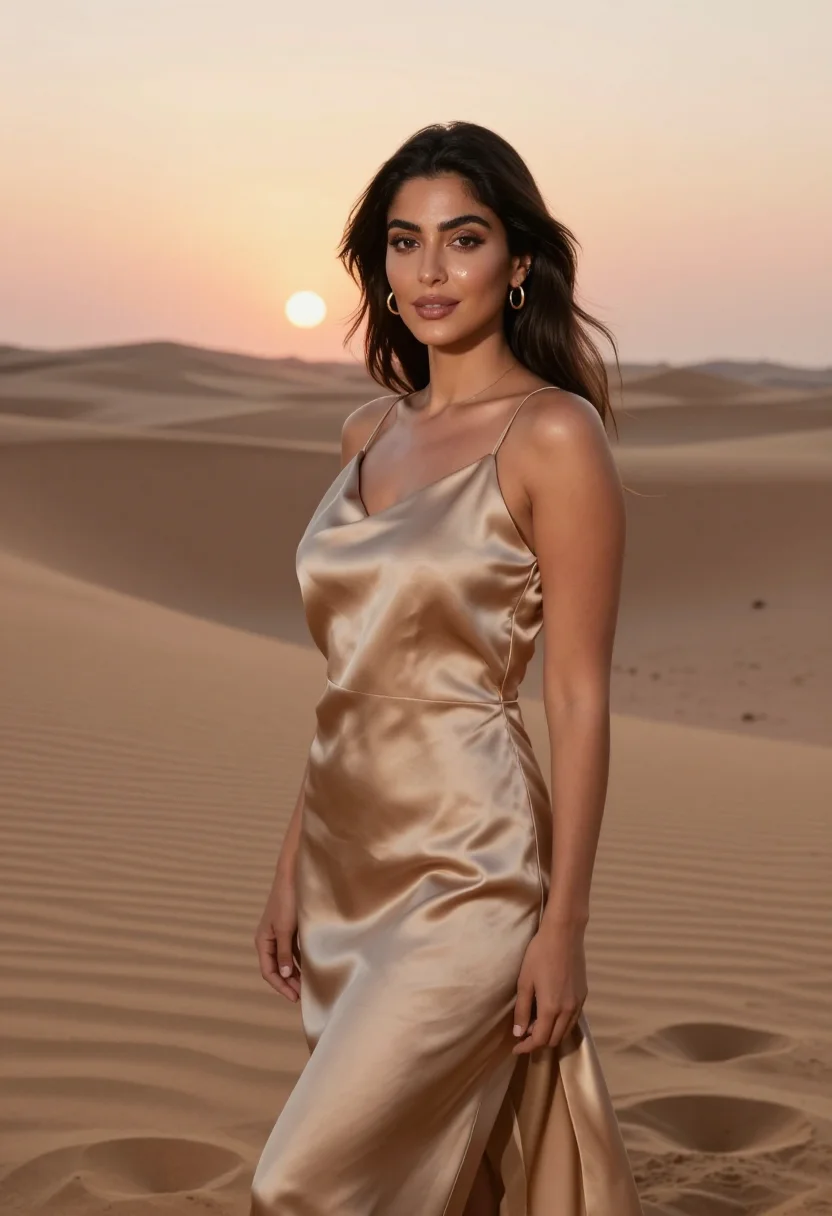 AI dubai dunes sunset sand sample — portrait of a woman, framed chest-up to the ribs, the body c