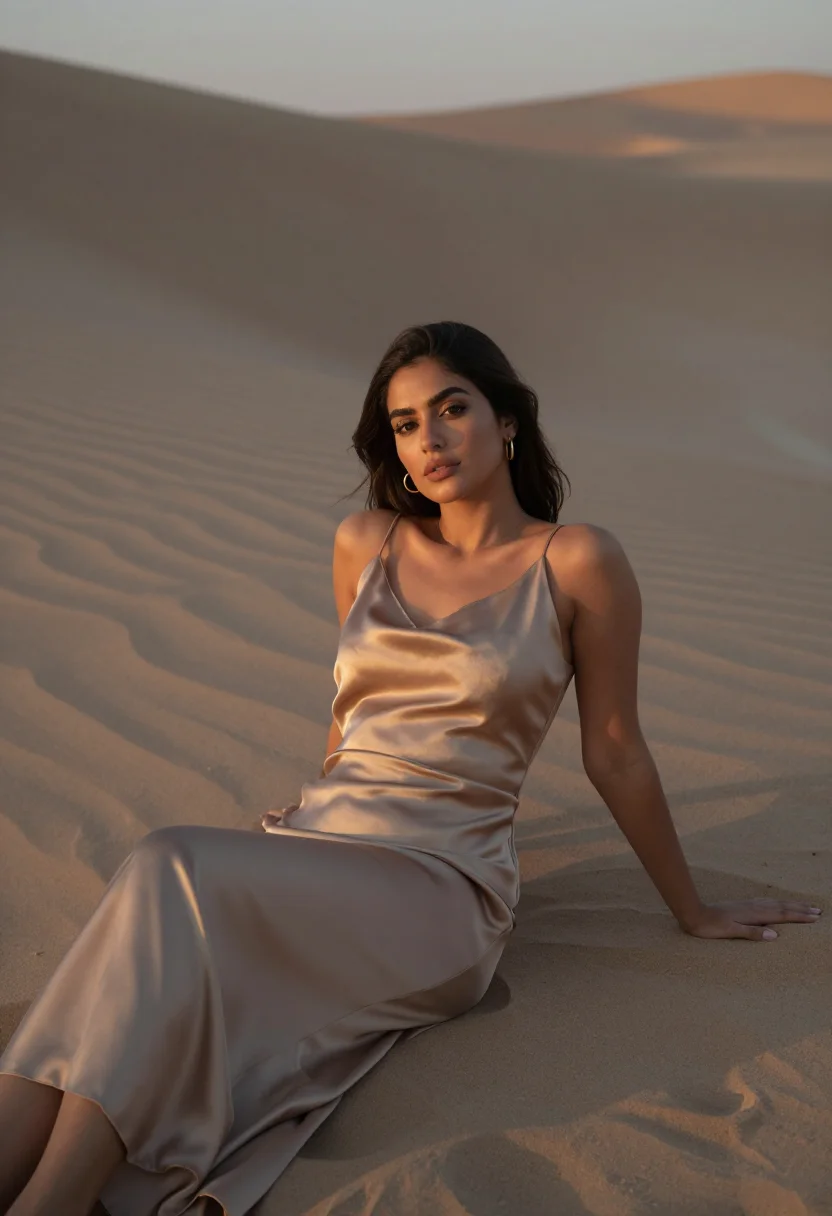 AI dubai dunes sunset sand sample — portrait of a woman, framed half-length from the hips up, th