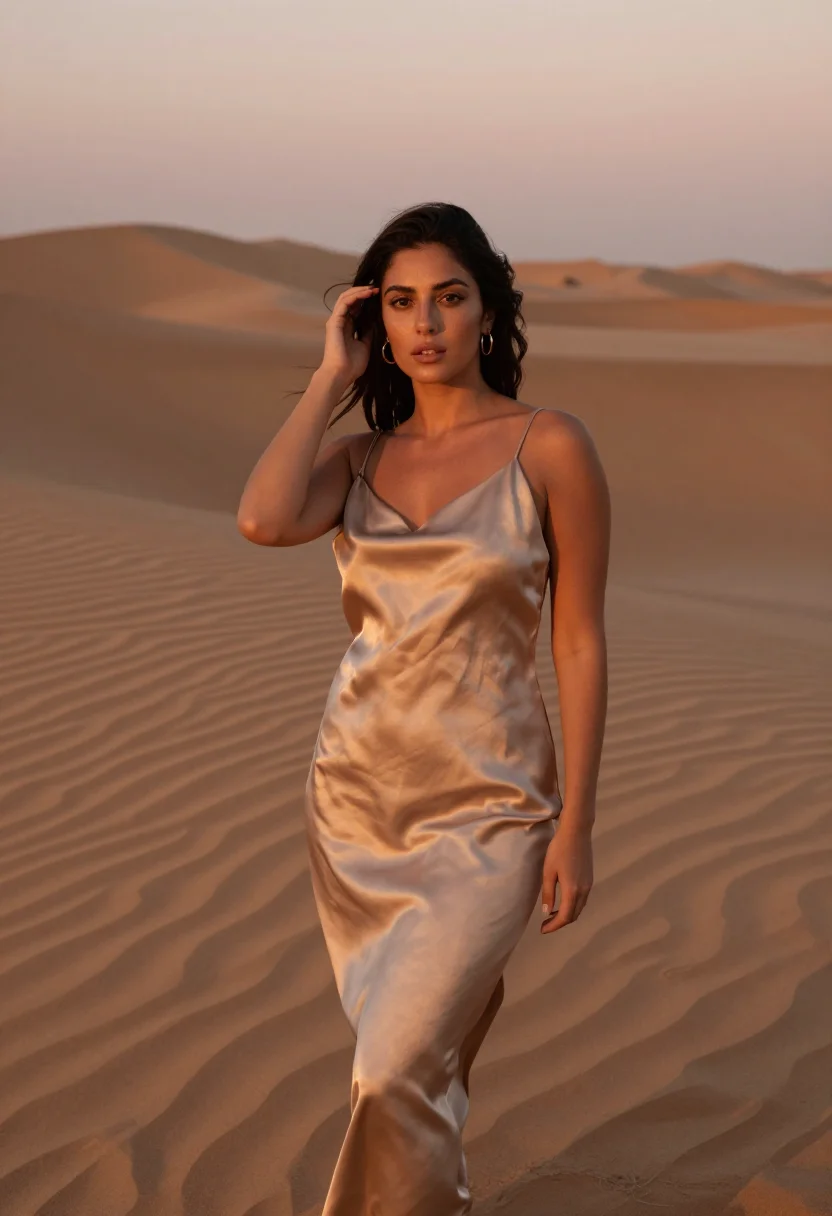 AI dubai dunes sunset sand sample — portrait of a woman, framed chest-up to the ribs, the body c