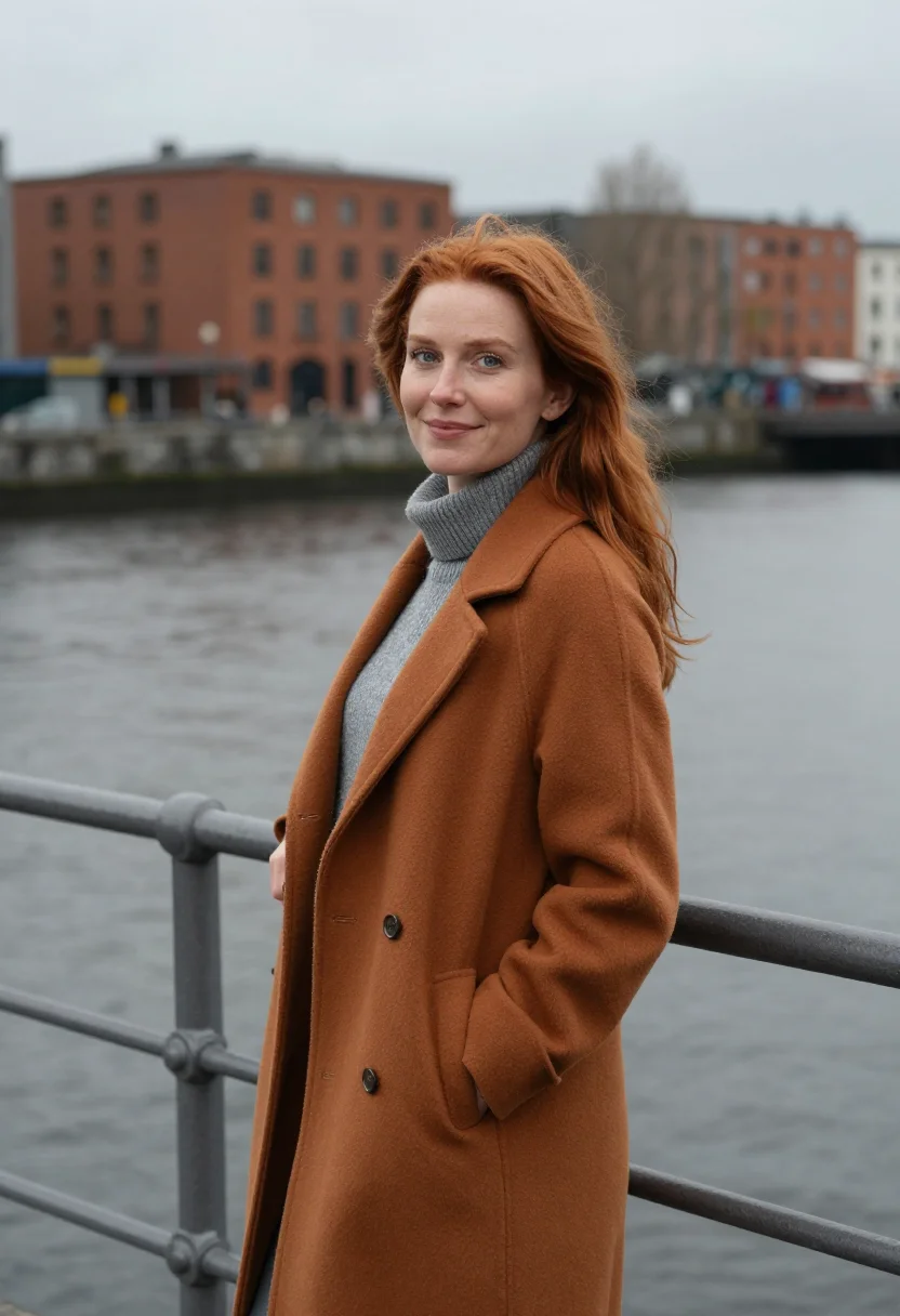 AI dublin docklands cloud slate ochre sample — portrait of a woman, framed half-length from the waist up, t
