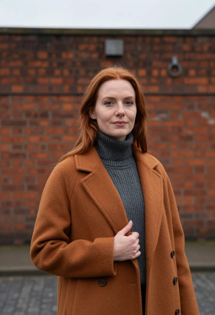 AI dublin docklands cloud slate ochre sample — portrait of a woman, framed chest-up, the crop falling at mi