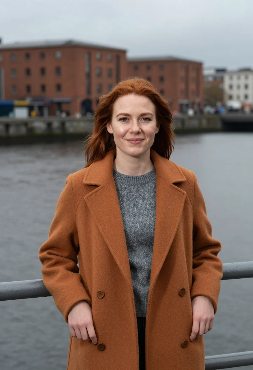AI dublin docklands cloud slate ochre sample — portrait of a woman, framed chest-up, the crop falling at mi