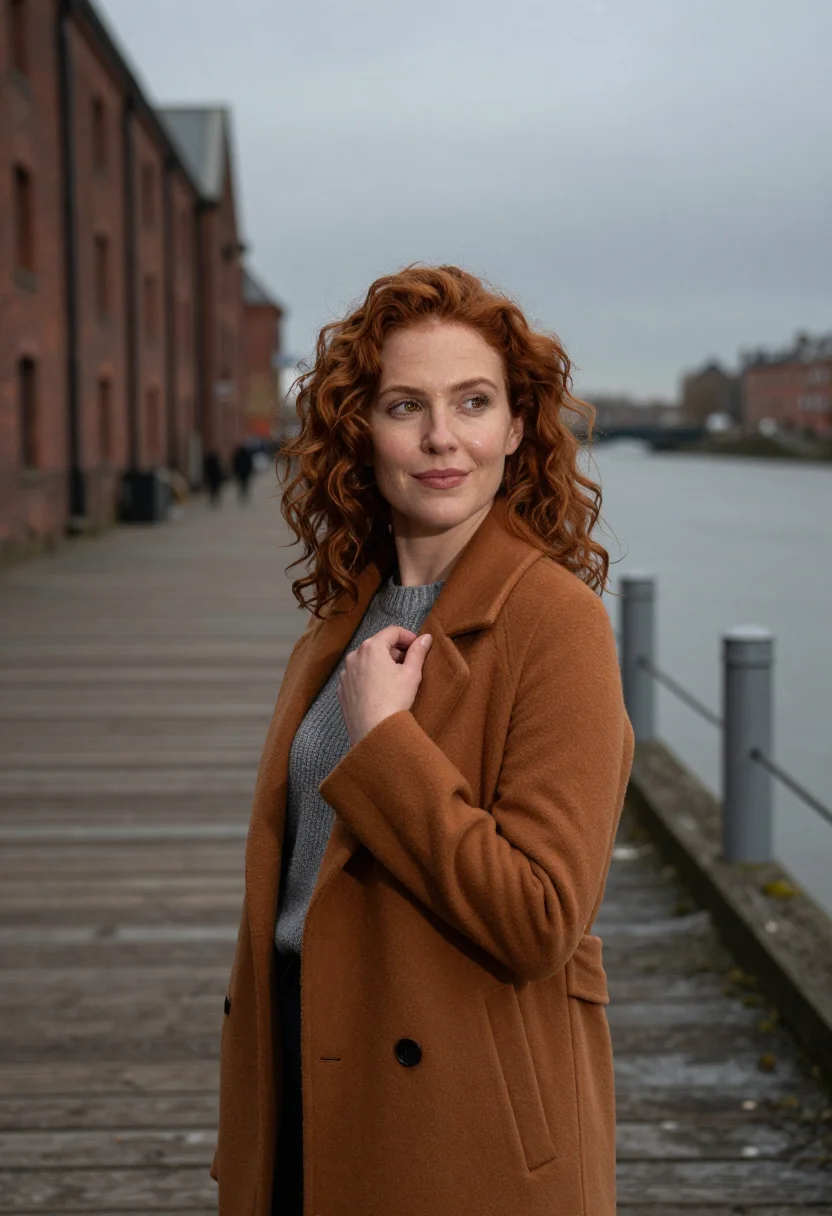 AI dublin docklands cloud slate ochre sample — portrait of a woman, framed chest-up, the crop falling at mi