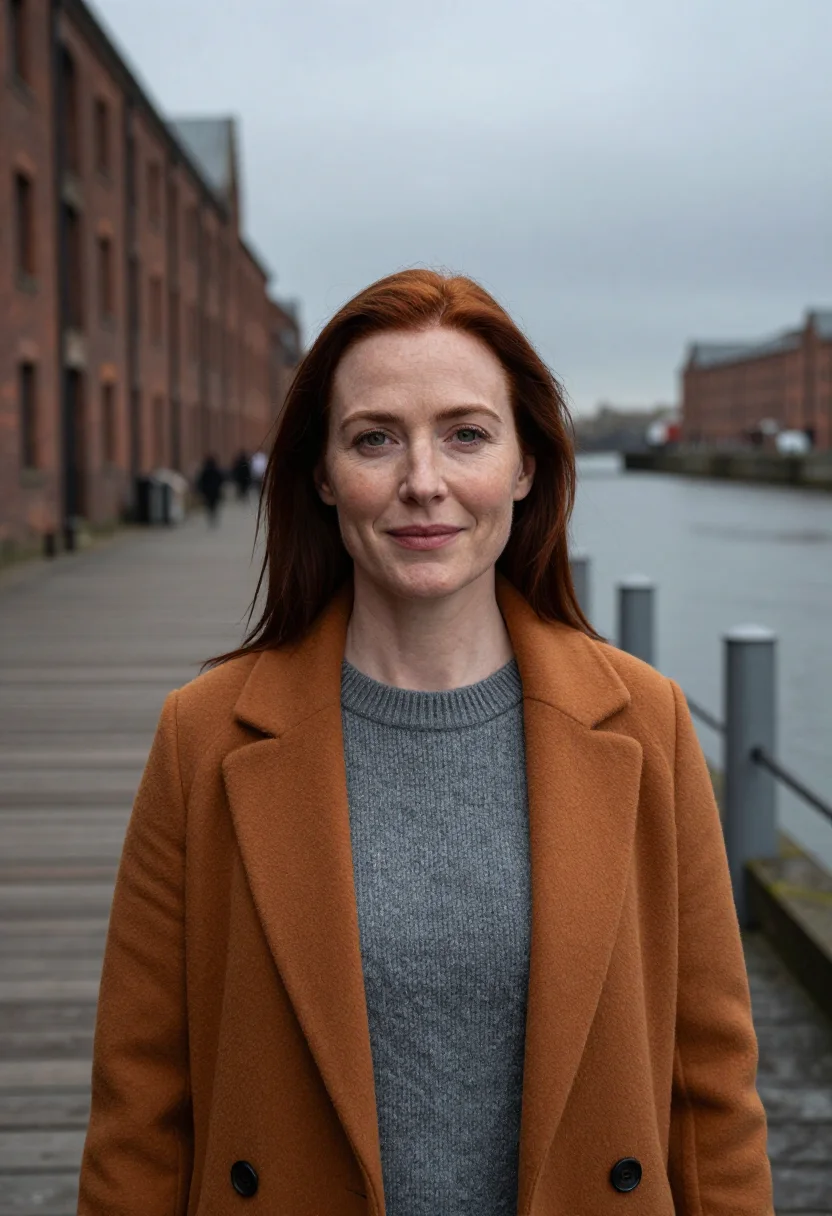 AI dublin docklands cloud slate ochre sample — portrait of a woman, framed tight, head and shoulders, the b