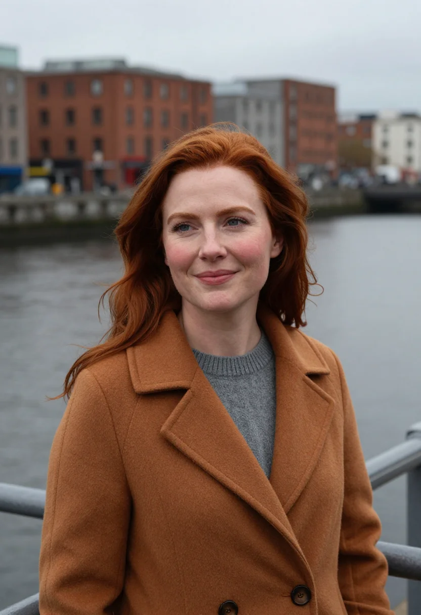AI dublin docklands cloud slate ochre sample — portrait of a woman, framed tight, head and shoulders, the b