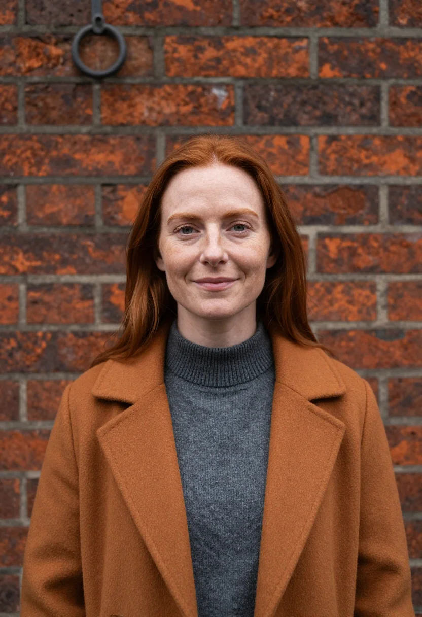 AI dublin docklands cloud slate ochre sample — portrait of a woman, framed tight, head and shoulders, the b