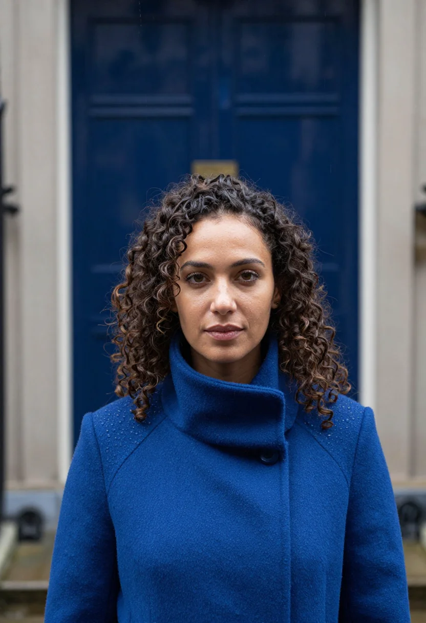 AI dublin door blue sample — portrait of a woman, close headshot of a woman of mixed heri