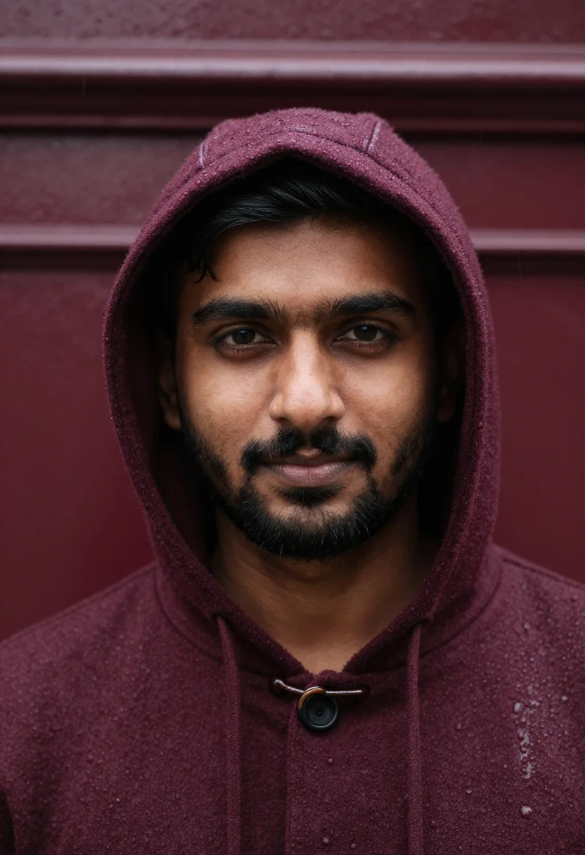 AI duffle coat bordeaux sample — portrait of a man, framed as a tight headshot from the crown