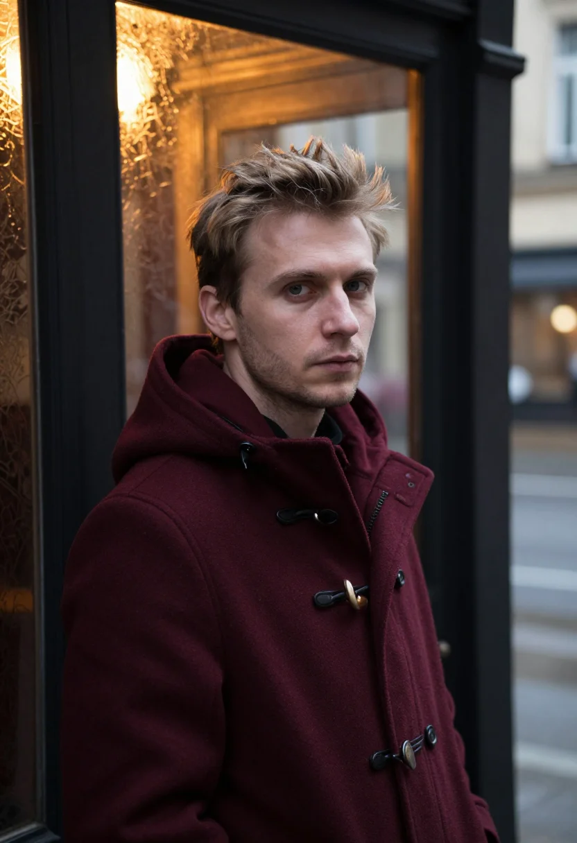 AI duffle coat bordeaux sample — portrait of a man, framed as a tight headshot from the crown