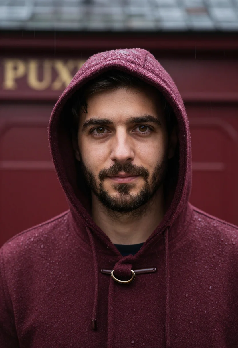 AI duffle coat bordeaux sample — portrait of a man, framed chest-up from the ribs with the bo