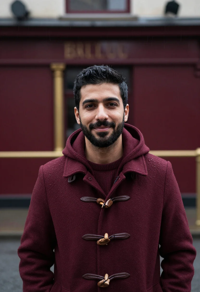 AI duffle coat bordeaux sample — portrait of a man, framed head and shoulders, tighter, the b