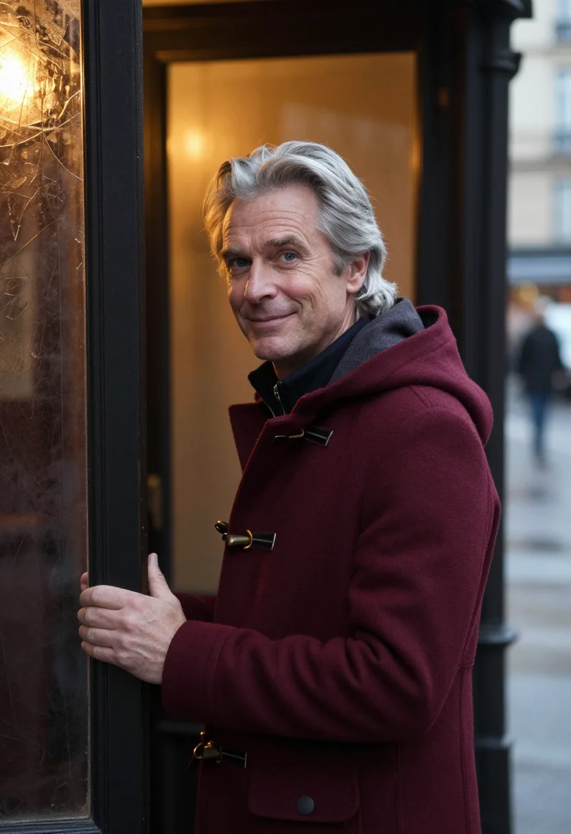 AI duffle coat bordeaux sample — portrait of a man, framed chest-up from the ribs with the bo