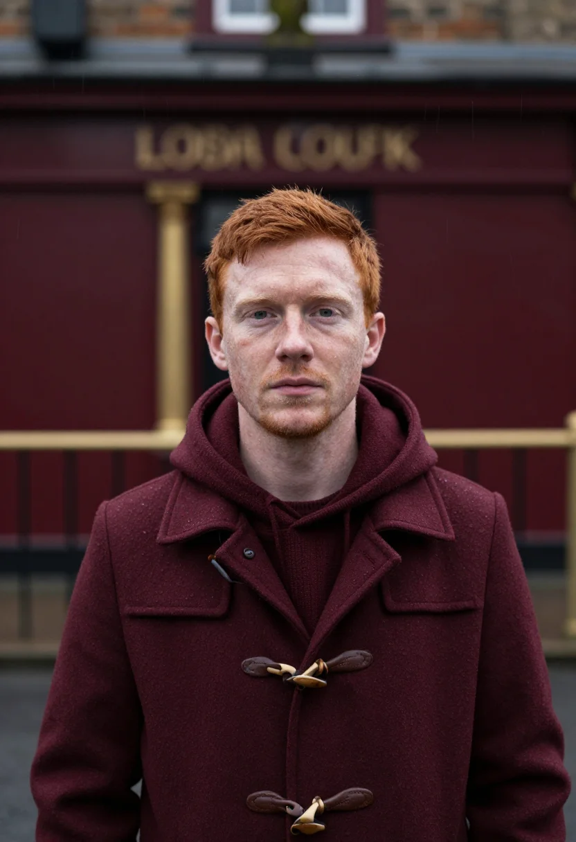 AI duffle coat bordeaux sample — portrait of a man, framed as a tight headshot from the crown