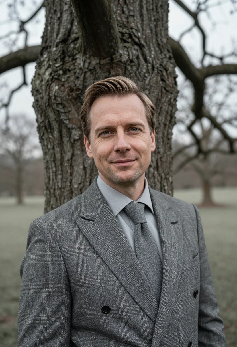 AI duke of windsor check country sample — portrait of a man, framed tight, head and shoulders, the bod