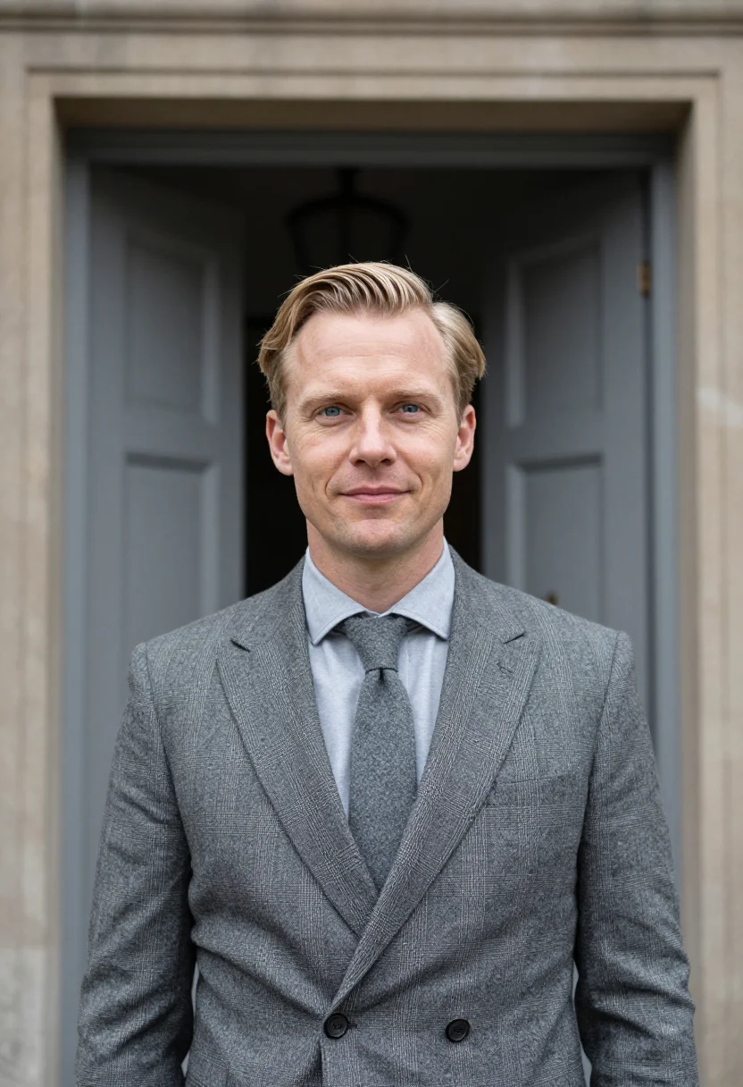 AI duke of windsor check country sample — portrait of a man, framed tight, head and shoulders, the bod