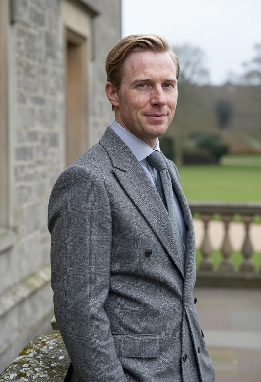 AI duke of windsor check country sample — portrait of a man, framed chest-up, the body close to the le