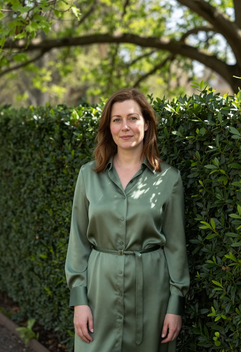 AI dumbarton oaks landscape architect may boxwood sample — portrait of a woman, framed half-length from the head to the