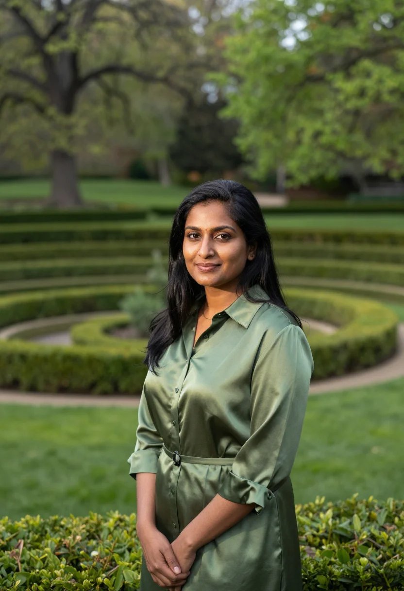 AI dumbarton oaks landscape architect may boxwood sample — portrait of a woman, framed chest-up, cropped at the ribs, t