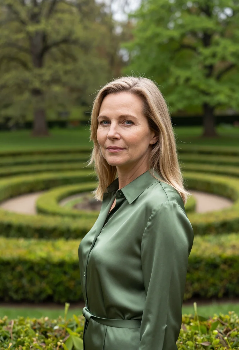 AI dumbarton oaks landscape architect may boxwood sample — portrait of a woman, framed tight, head and shoulders, the b
