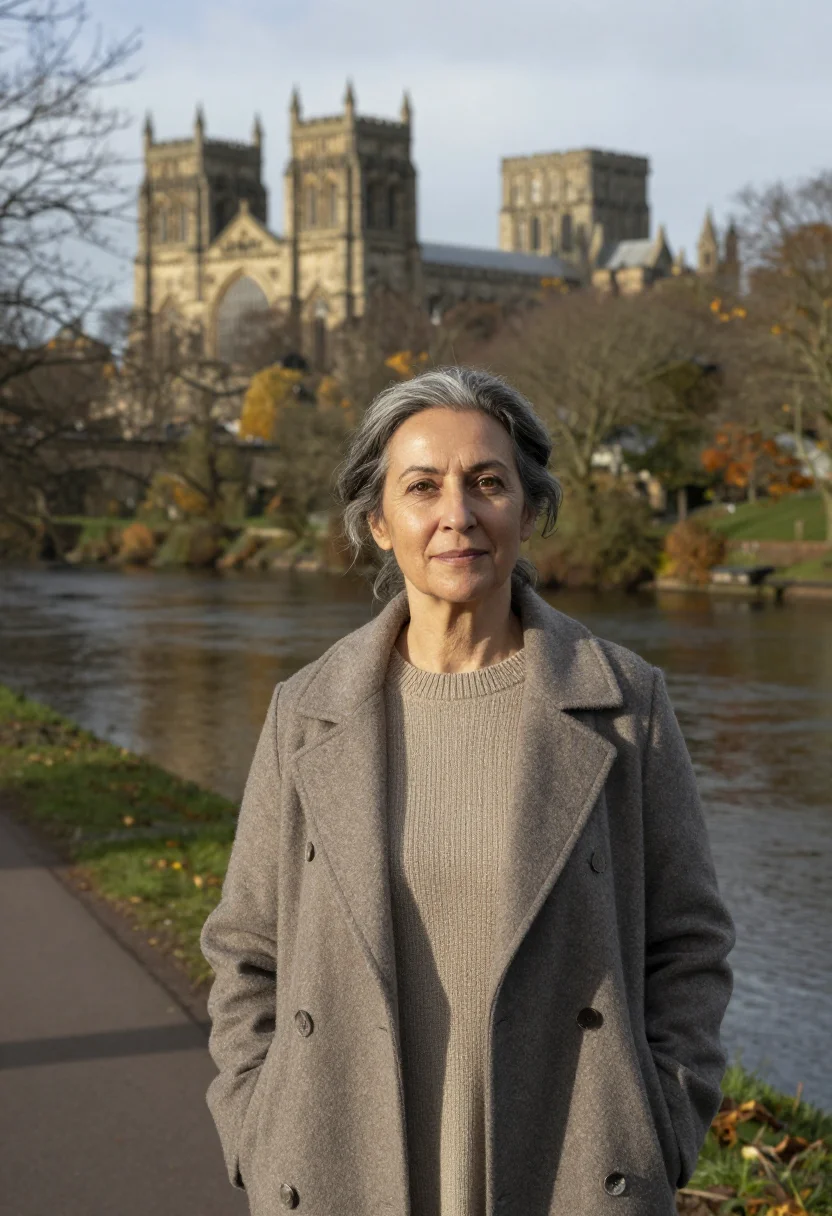 AI durham cathedral historian norman stone sample — portrait of a woman, a historian in her fifties of Portugues
