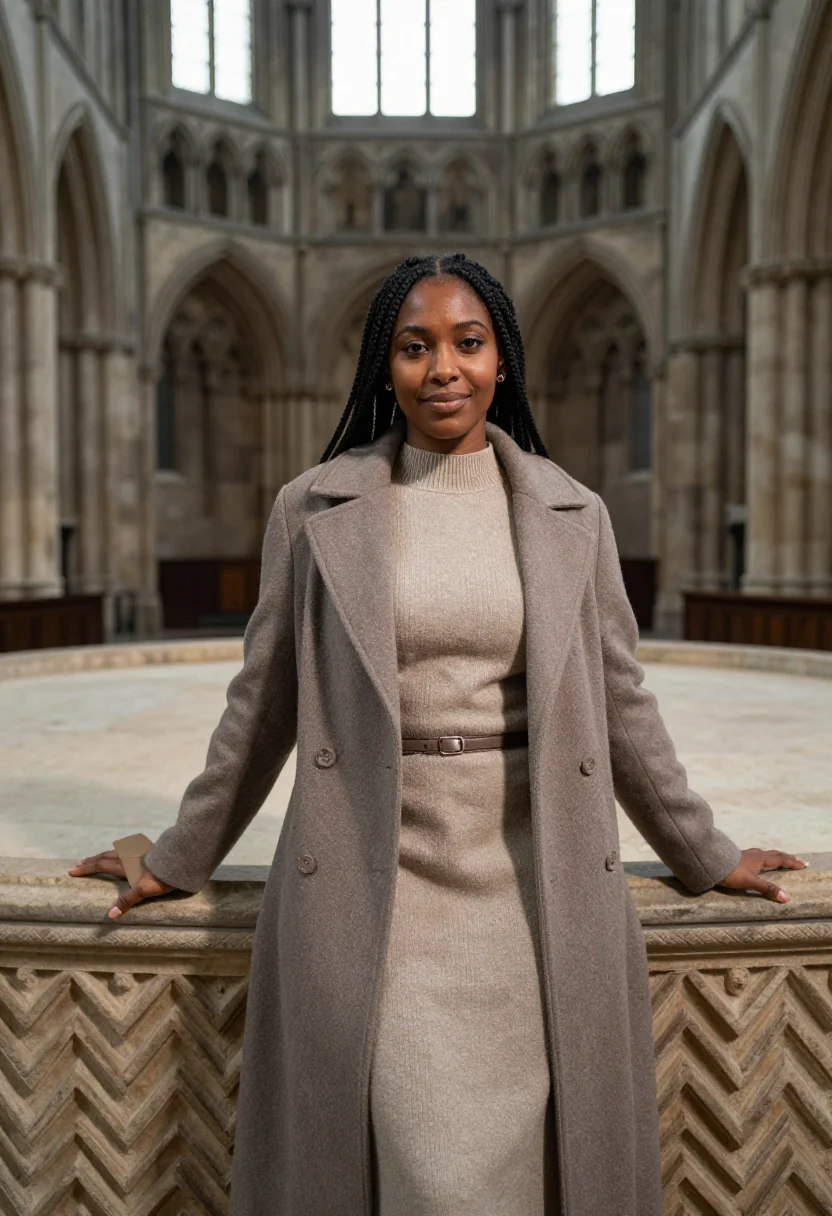 AI durham cathedral historian norman stone sample — portrait of a woman, a historian in her thirties of Jamaican