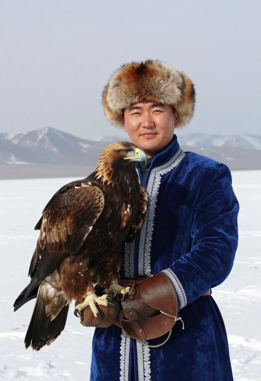 AI eagle hunter berkutchi sample — close half-length standing portrait of a berkutchi with thei