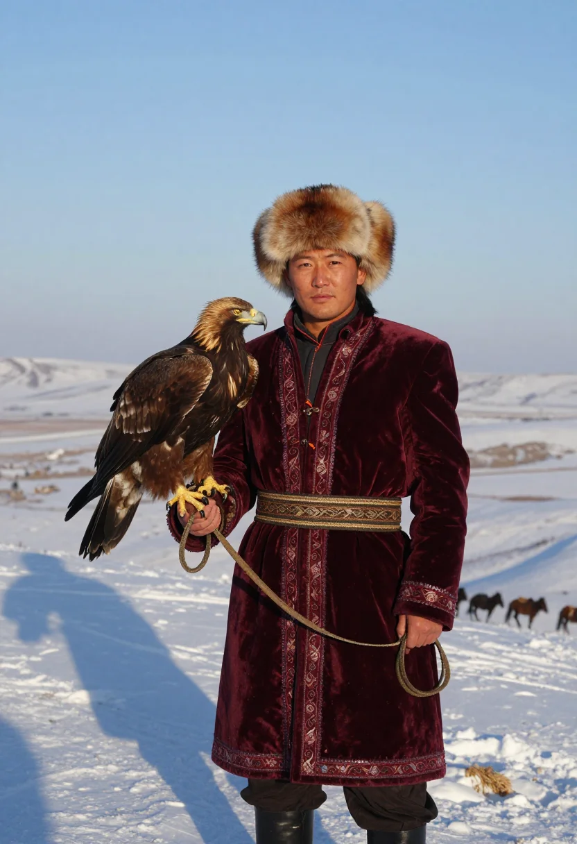 AI eagle hunter berkutchi sample — candid three-quarter-length portrait of a berkutchi halted o