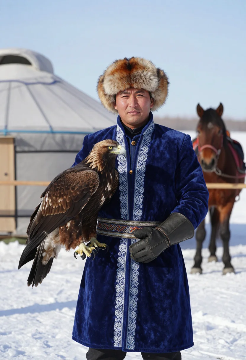 AI eagle hunter berkutchi sample — three-quarter-length standing portrait of a berkutchi with t
